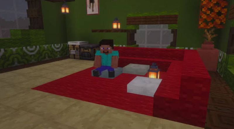 Minecraft Bedrock Edition house decorated with colourful cushions on sofas and chairs