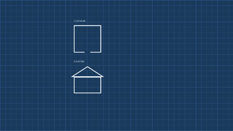 A blueprint-style floor plan and elevation diagram of a house
