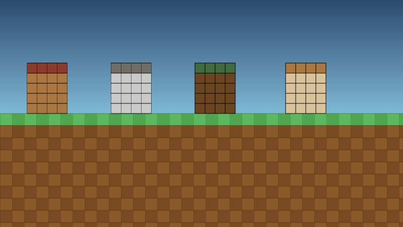 Four differently styled Minecraft houses side by side